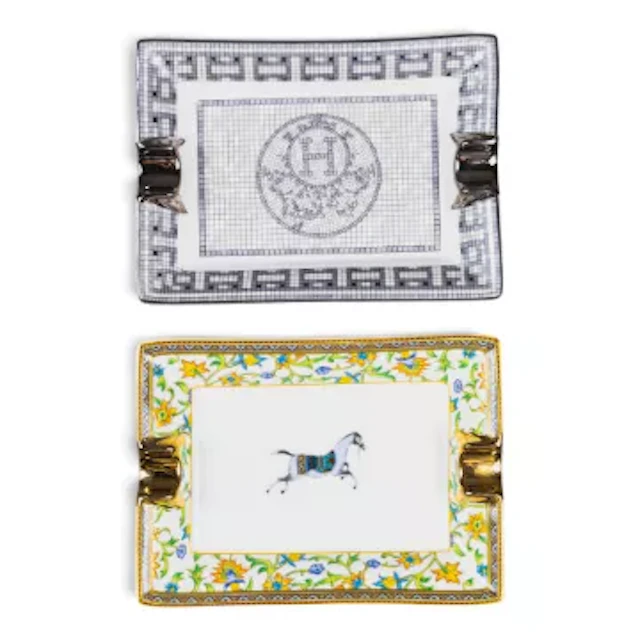 Two Hermes porcelain rectangular ash trays, one with a horse to centre