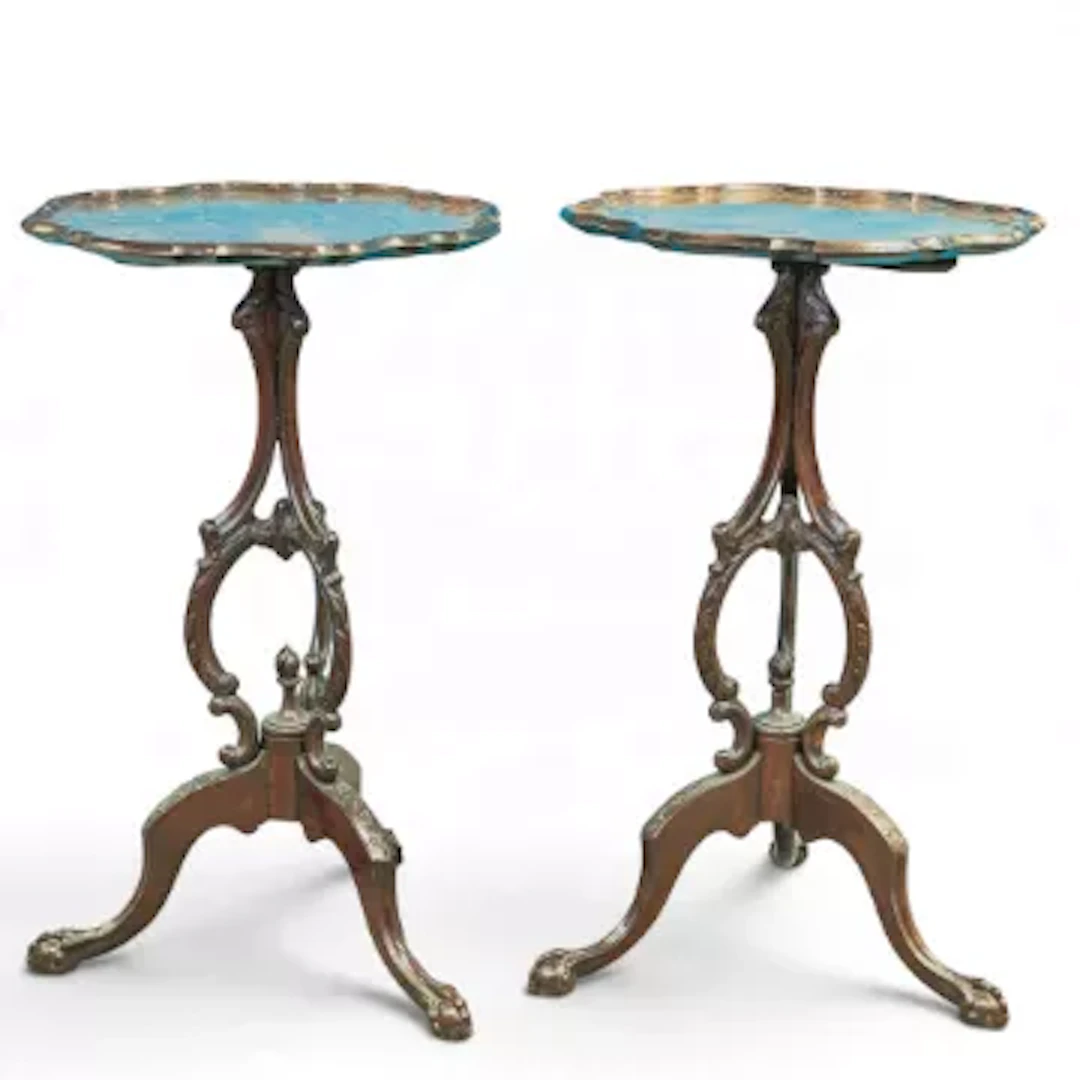 Pair of early 20th century walnut carved and shaped wine tables, h.70cm