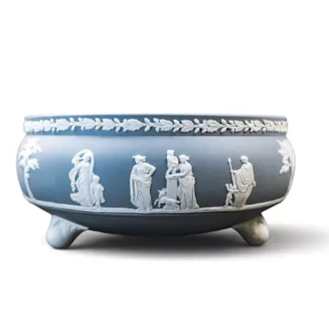 Wedgwood grey Jasperware footed Sacrifice bowl decorated in white