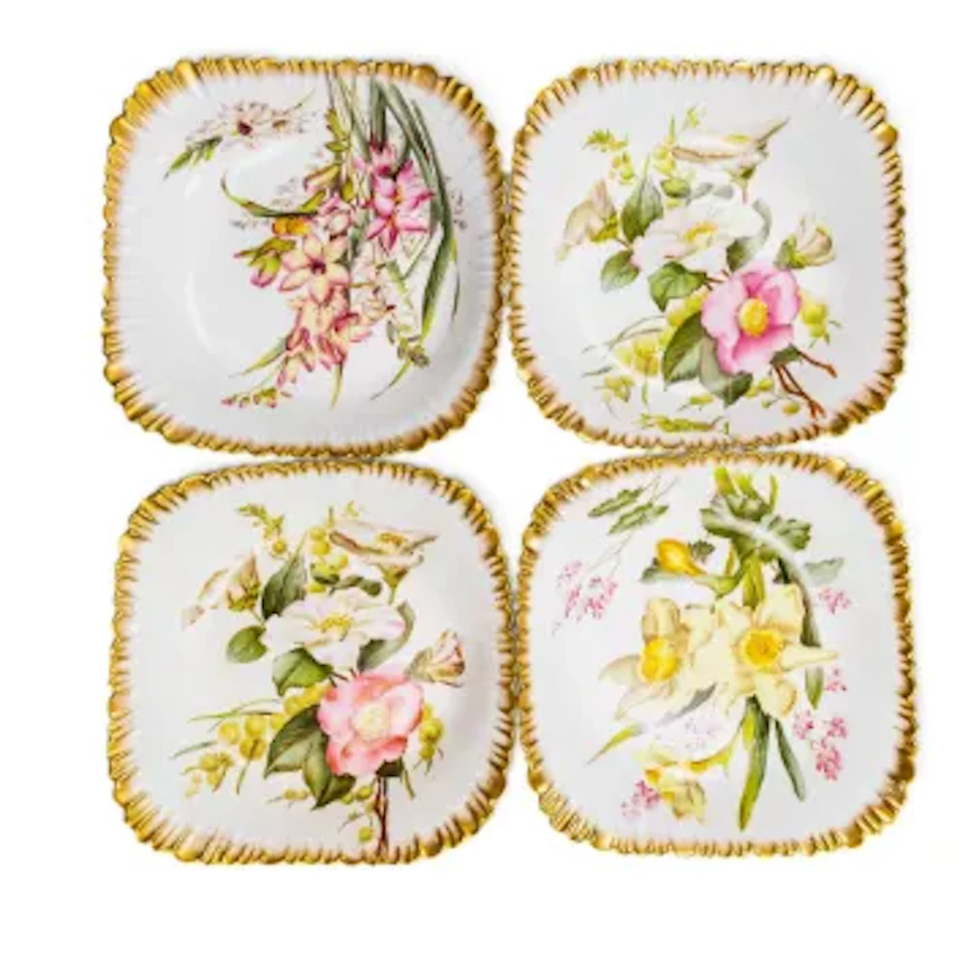 A group of 4 square fluted rim bowls by George Jones, Crescent China