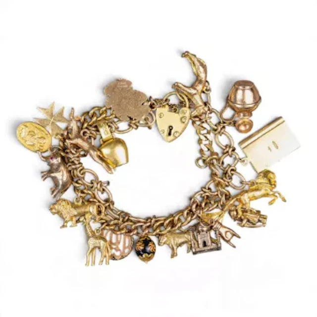 9ct gold charm bracelet, set with 18 yellow metal charms, all electronically