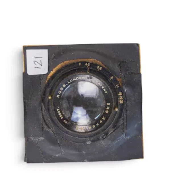 Ross London 5 1/2 inch f/4.5 Xpres camera lens, mounted on cut-out panel.