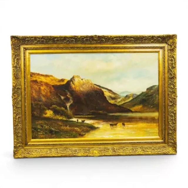H. Berner Oil on canvas of a Highland landscape at golden hour, featuring