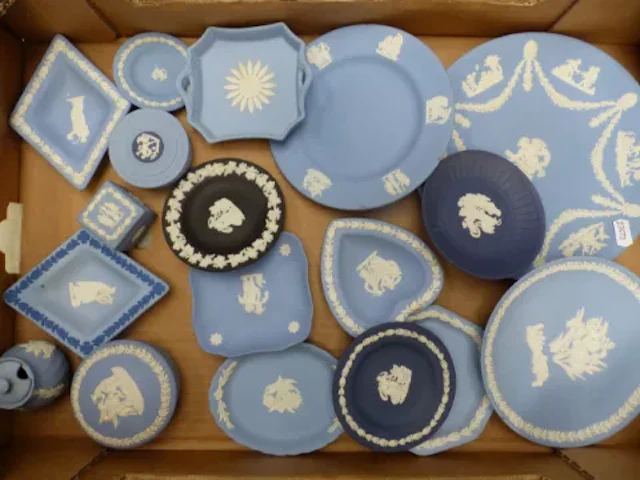 A collection of Wedgwood jasperware items, mostly in powder blue