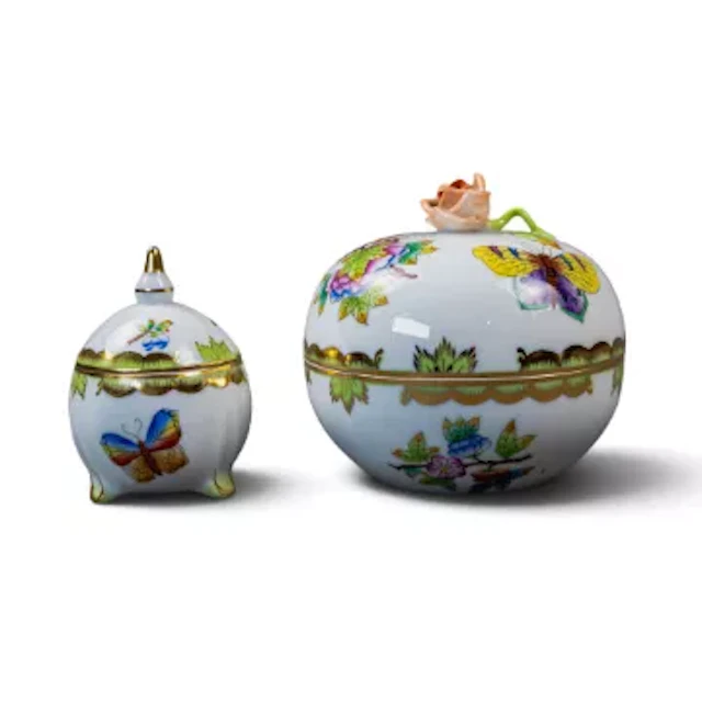 Herend Hungary porcelain globe shaped lidded trinket box in the Queen