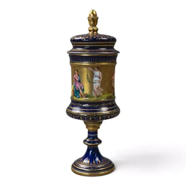 A Royal Vienna urn vase & cover, featuring a hand painted panel with