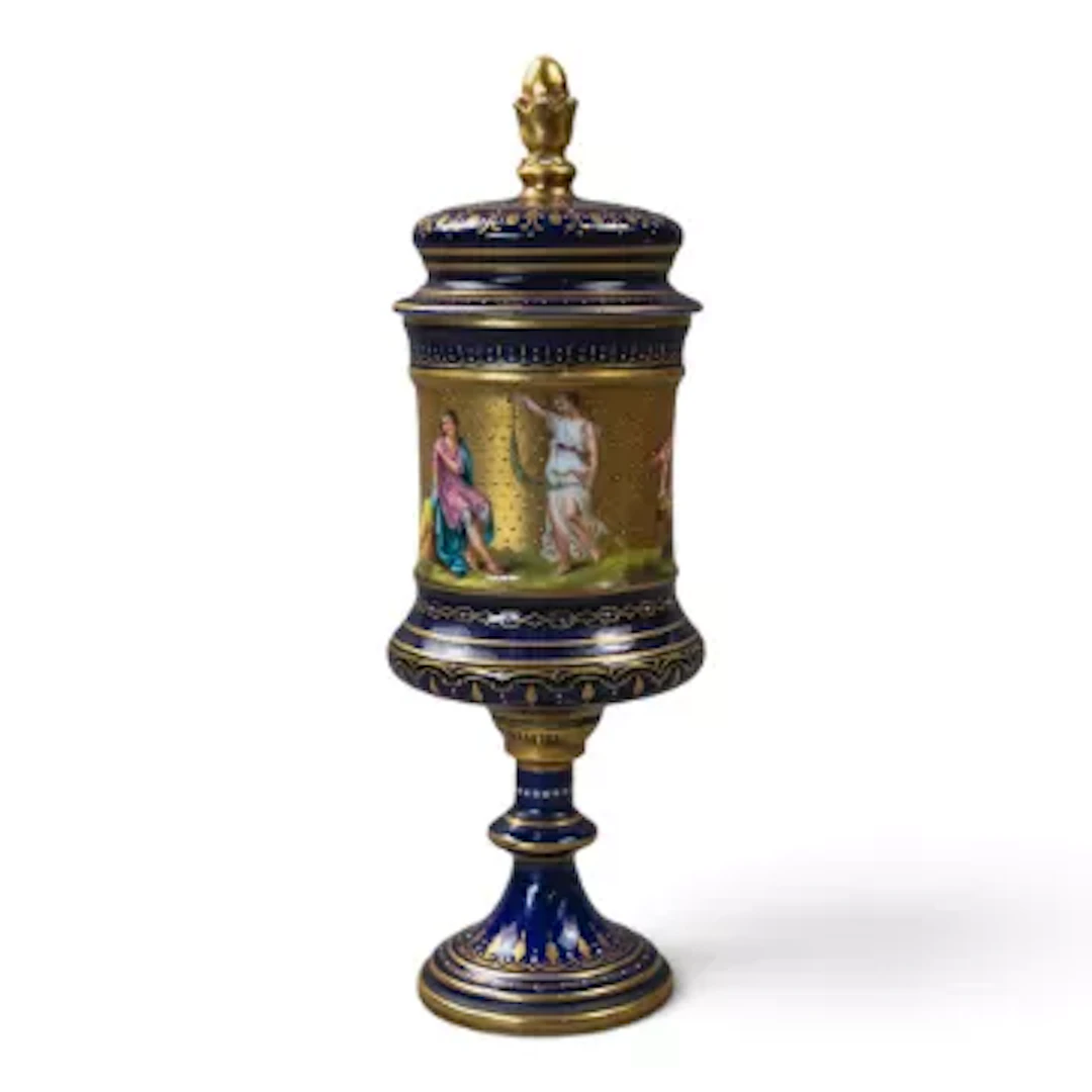 A Royal Vienna urn vase & cover, featuring a hand painted panel with
