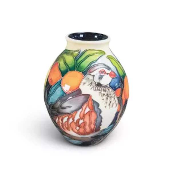 Moorcroft Partridge Orchard vase 3/5, No 33. Signed by designer Emma