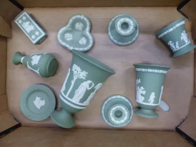 Wedgwood sage green jasperware, vases, squat pair of candlestick holders