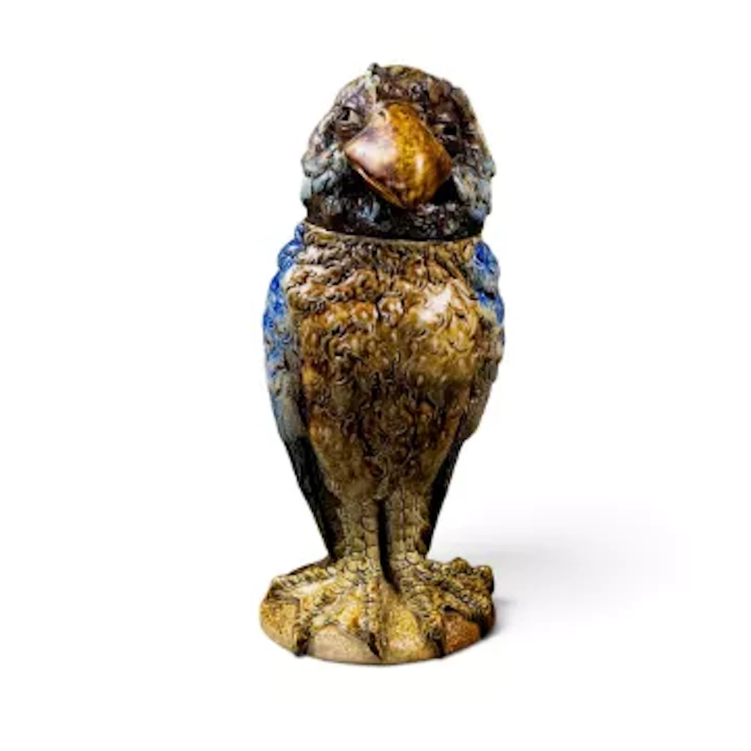 A Martin Brothers Stoneware bird jar and cover sculpture by Robert