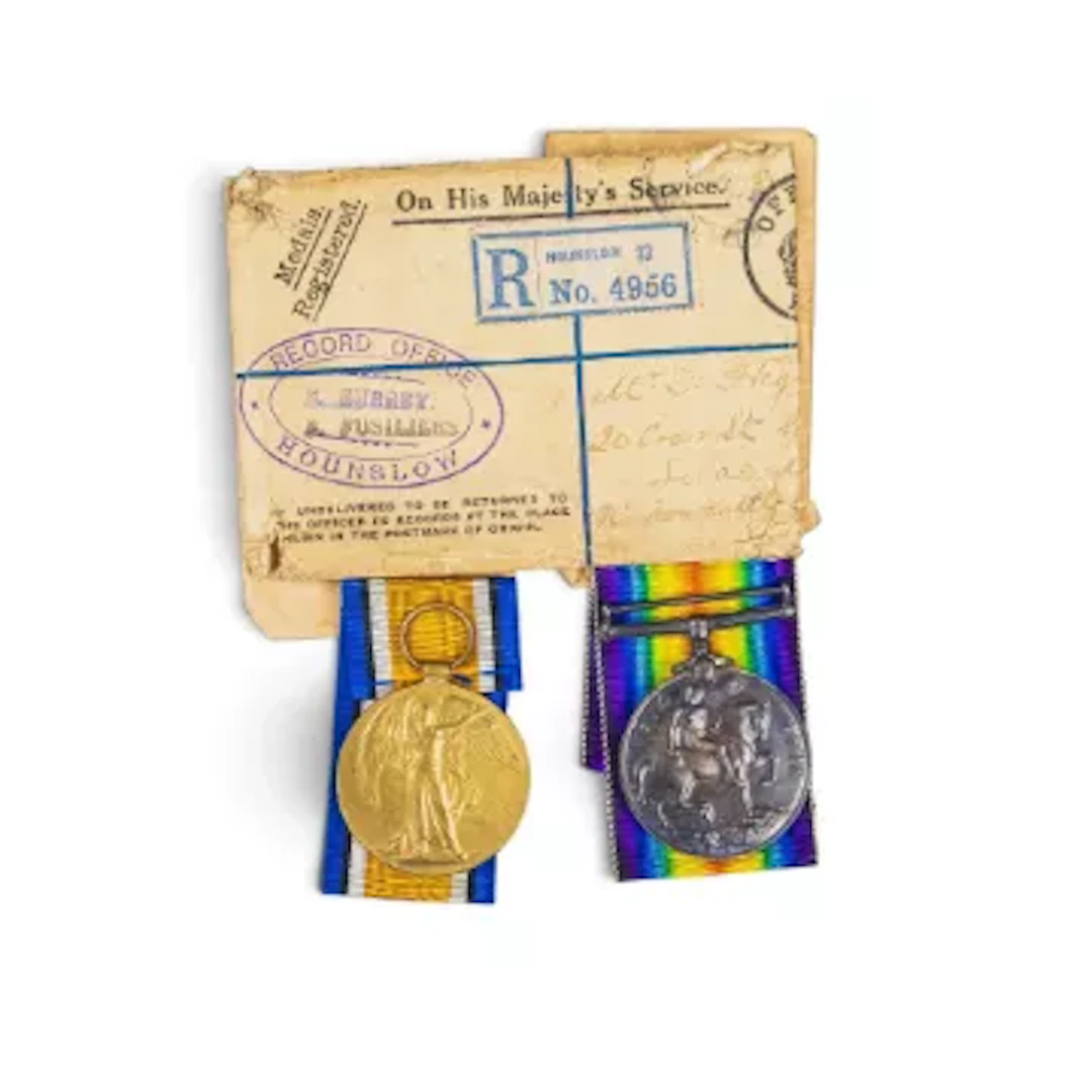 Two First World War WWI medals, Pte. 11413, T Highfield, Shrops L.