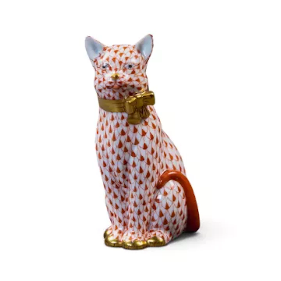 A Herend Porcelain seated cat decorated in the Fishnet style, with