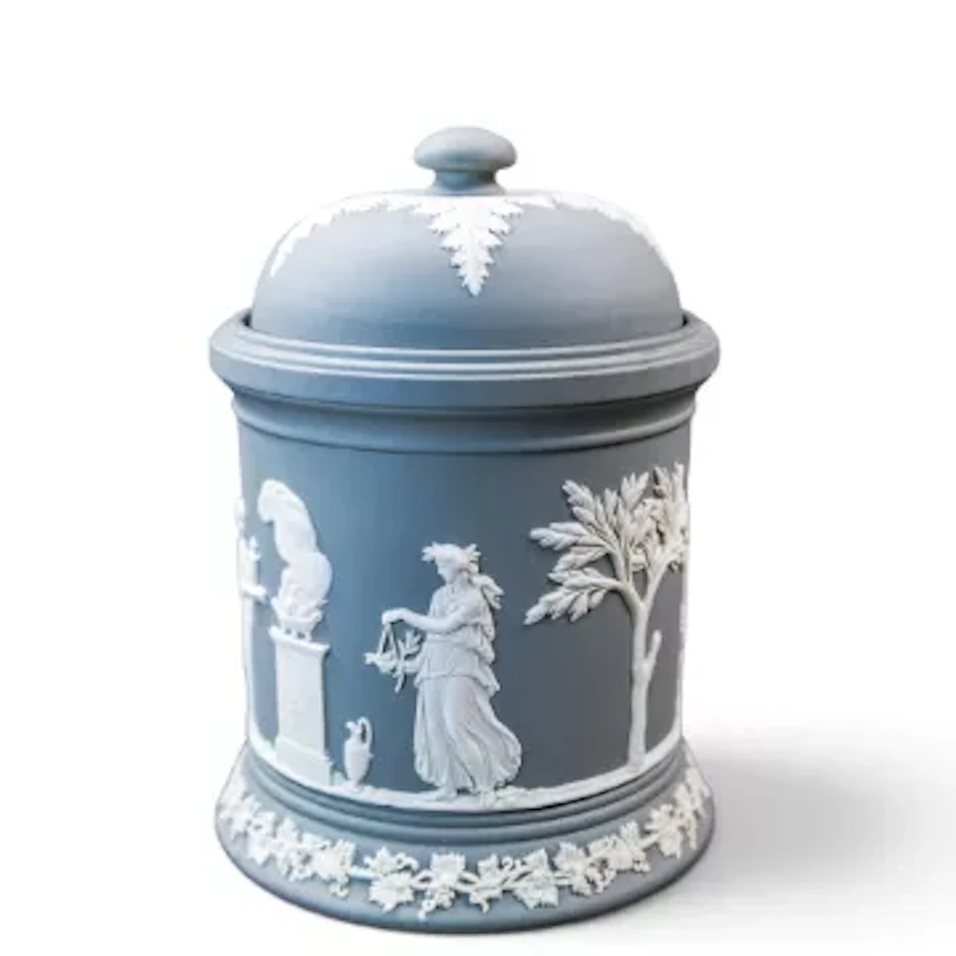 Wedgwood grey Jasperware lidded tobacco jar decorated with neoclassical
