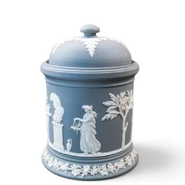 Wedgwood grey Jasperware lidded tobacco jar decorated with neoclassical