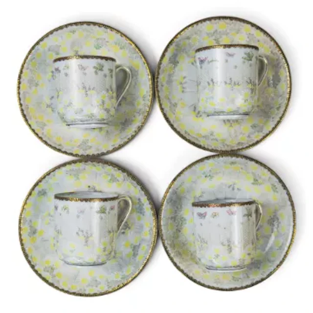 Four Japanese egg shell Fukagawa porcelain cups & saucers, decorated