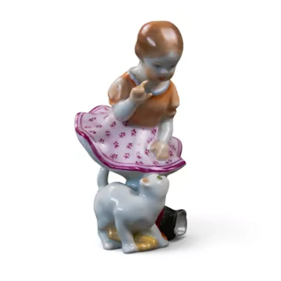 Herend Hungary porcelain figure 'Girl with Cat Spilt Milk' hand painted. h.12cm