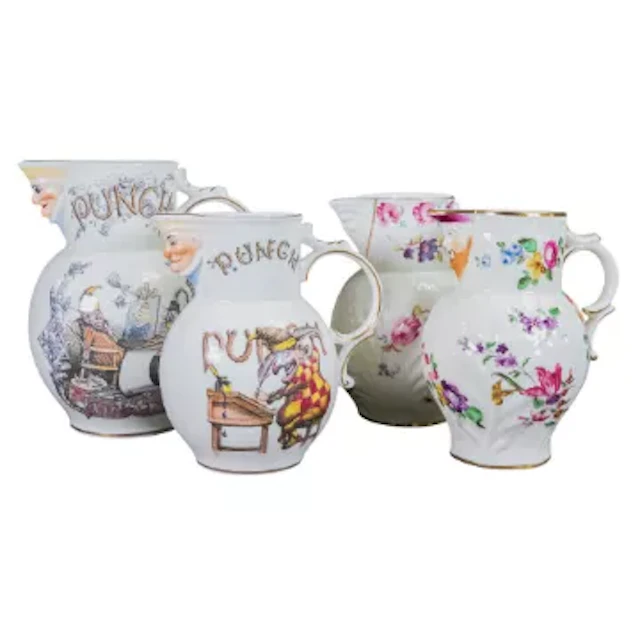 A collection of jugs to include Coalport Caughley Mask Head Jug, 2