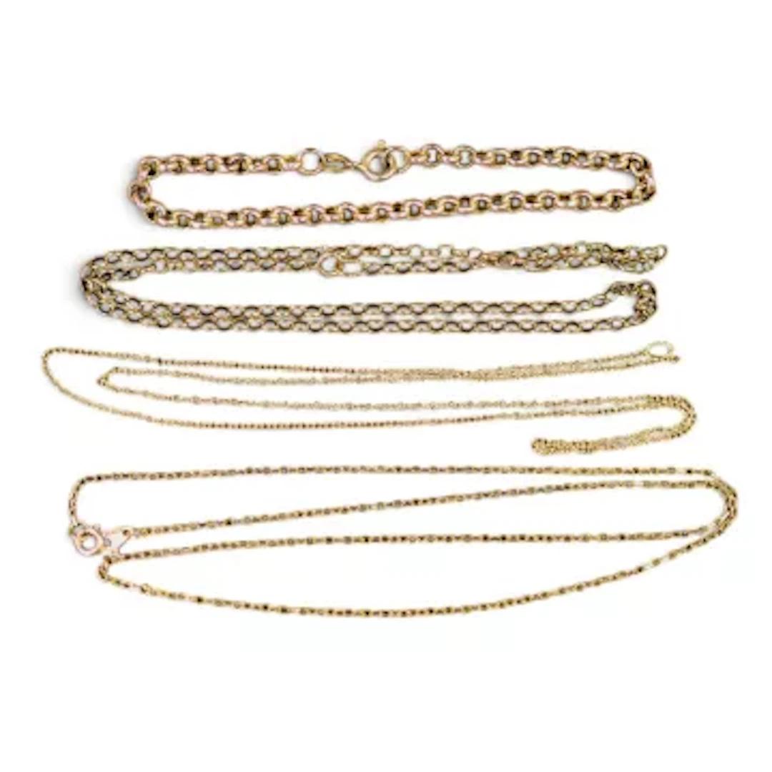Three 9ct gold necklaces, one broken and a 9ct gold bracelet, 11.5g.