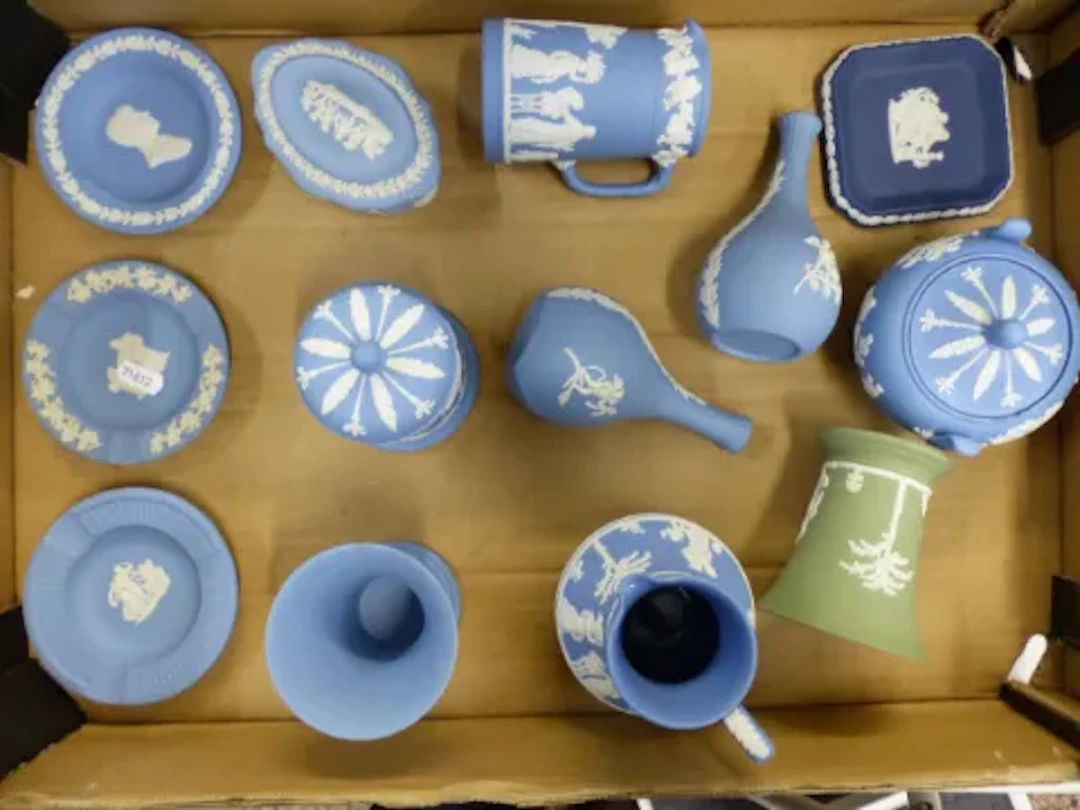 Wedgwood jasper ware items, mostly in powder blue to include a pair