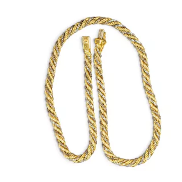 Quality 18ct white & yellow gold rope twist necklace, L.42cm, 28.3g.