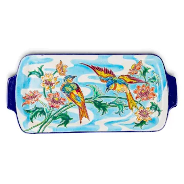 A French Art pottery handled tray by Emaux de Longwy, featuring a