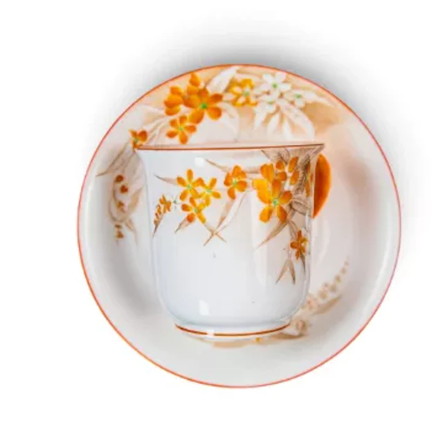 Shelley part coffee set in vibrant orange/red floral design on crisp