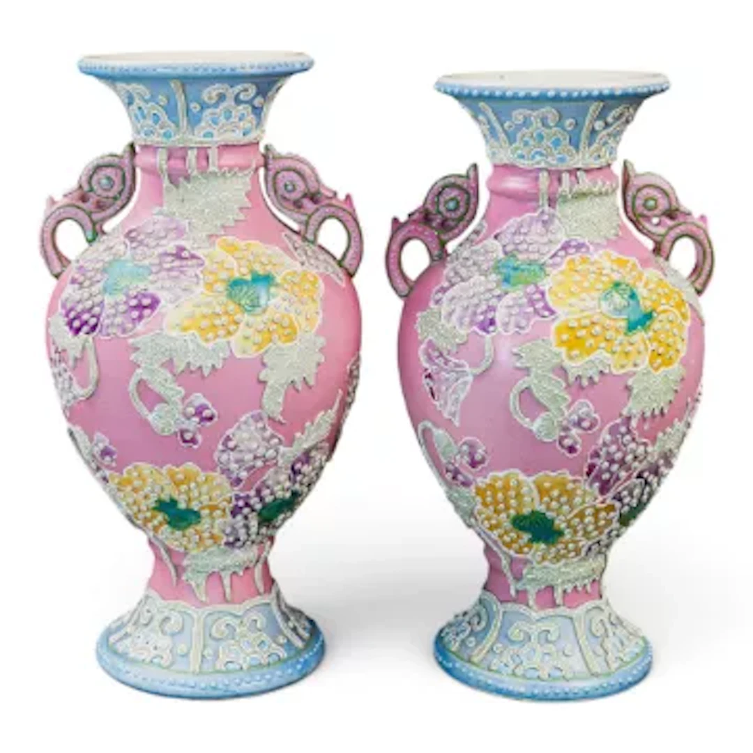 A pair of Japanese porcelain handled vases with raised enamel Moriage