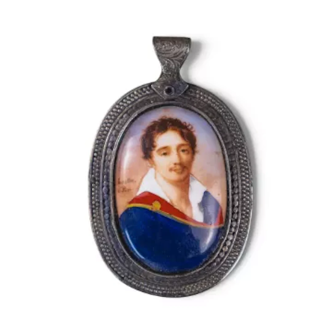 Miniature painting on enamel in large white metal pendant, signed