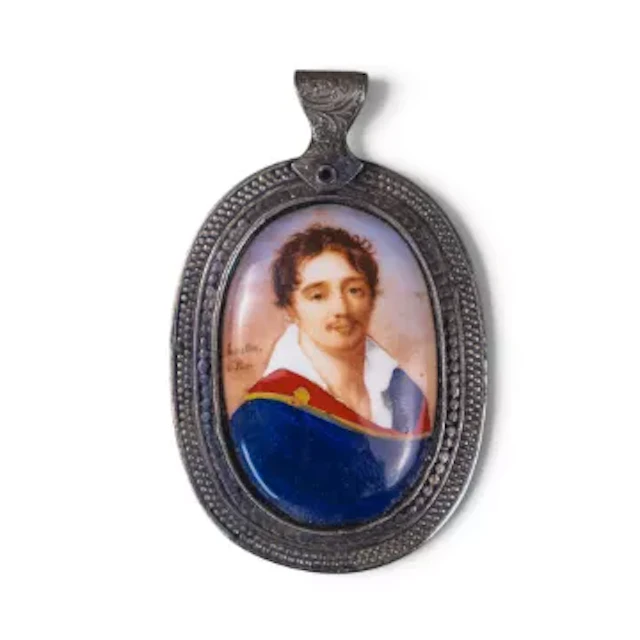 Miniature painting on enamel in large white metal pendant, signed