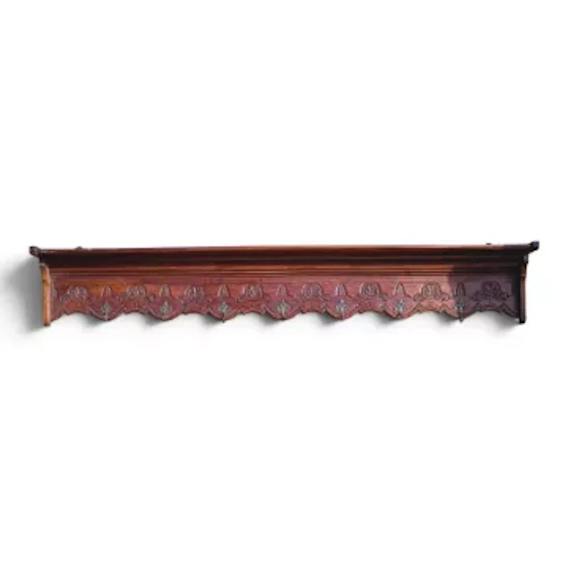 Early 20th century carved oak long wall coat rack shelf, with brass