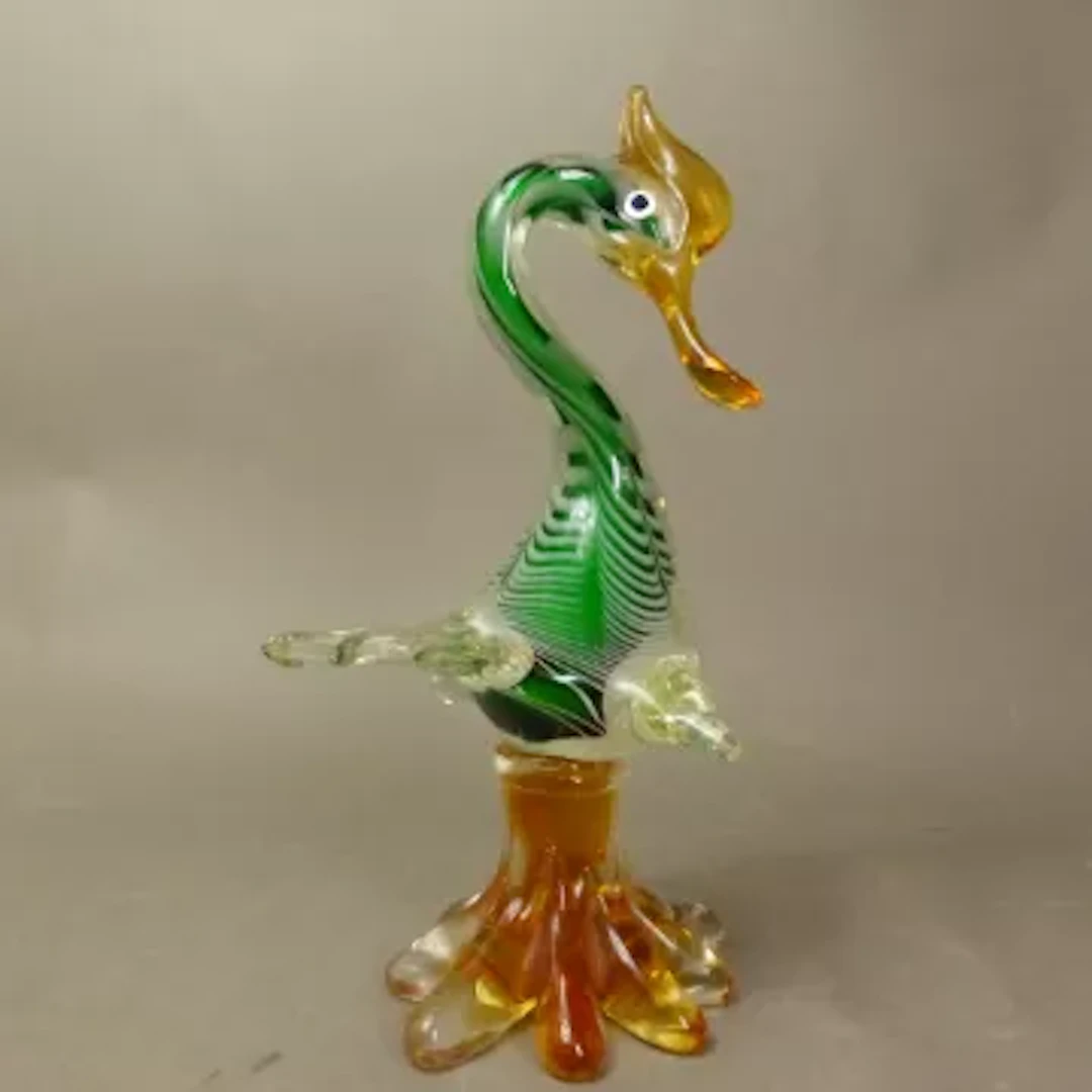 Vintage Murano art glass duck sculpture, green body with white stripe