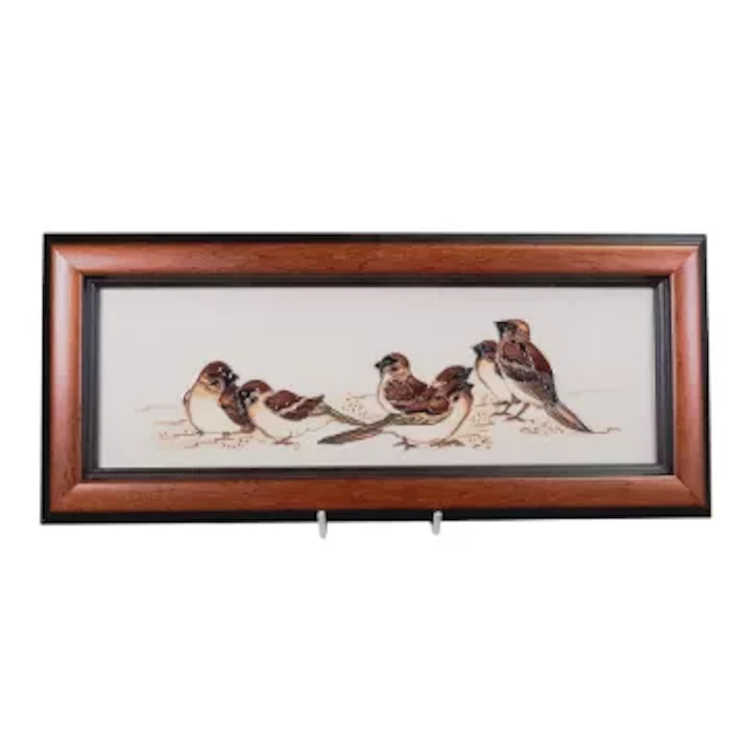 Moorcroft framed plaque Tree Sparrows by Kerry Goodwin, h.15cm x w.36cm.