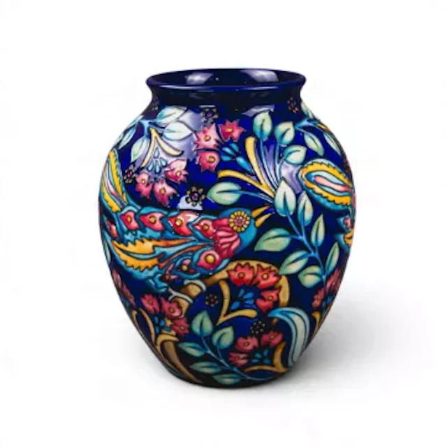 Moorcroft Indian Cuckoo vase 61/10, L/E 3/5. Signed by designer Kerry