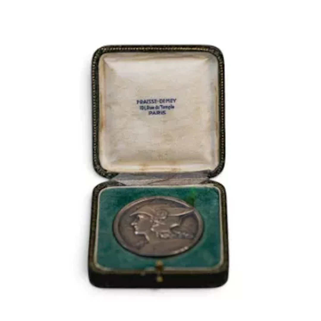 Art Deco Silver plated bronze medal featuring Mercury designed by