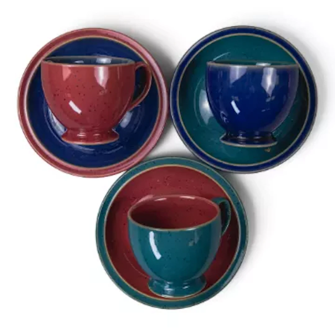 A group of 9 Denby Harlequin stoneware cup & saucers, with 2 cream