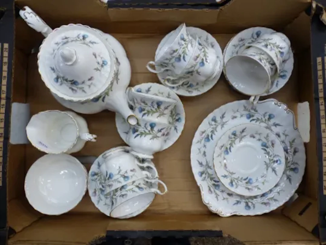 Royal Albert Brigadoon pattern tea set, large teapot, 8 cups, 10 saucers