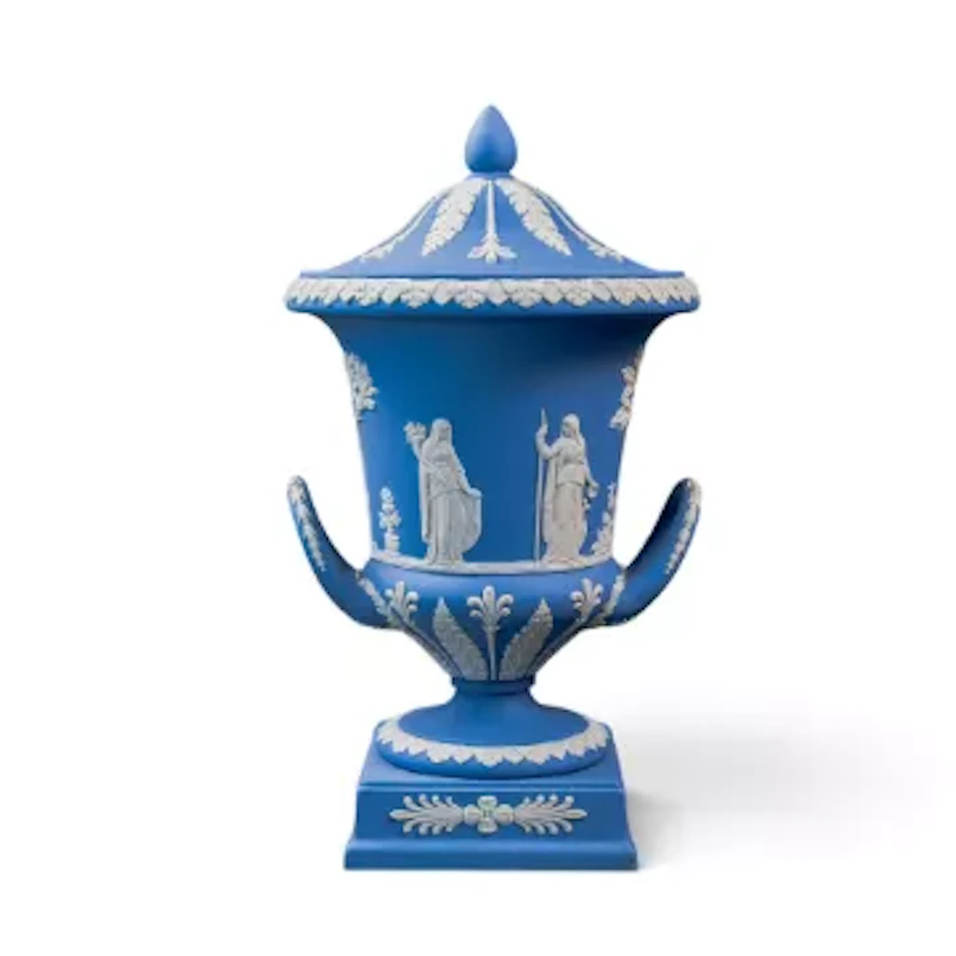 Wedgwood light blue Jasperware two handled urn & cover, decorated