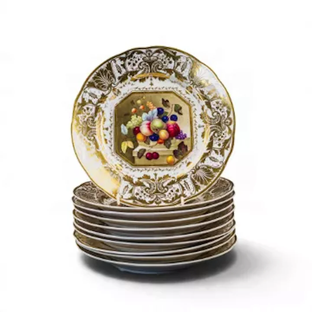 A set of 10 Bloor Derby plates, c1830, each decorated with a central