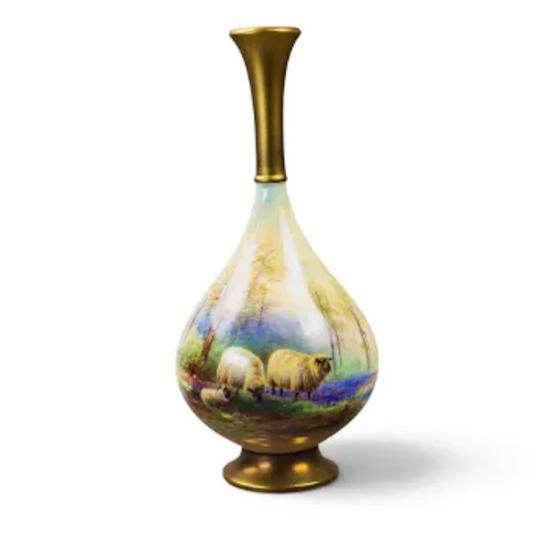 A Royal Worcester bud vase with knopped neck, decorated with sheep