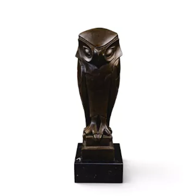 An Art deco bronze owl on a marble plinth, Paris De Bronze mark to