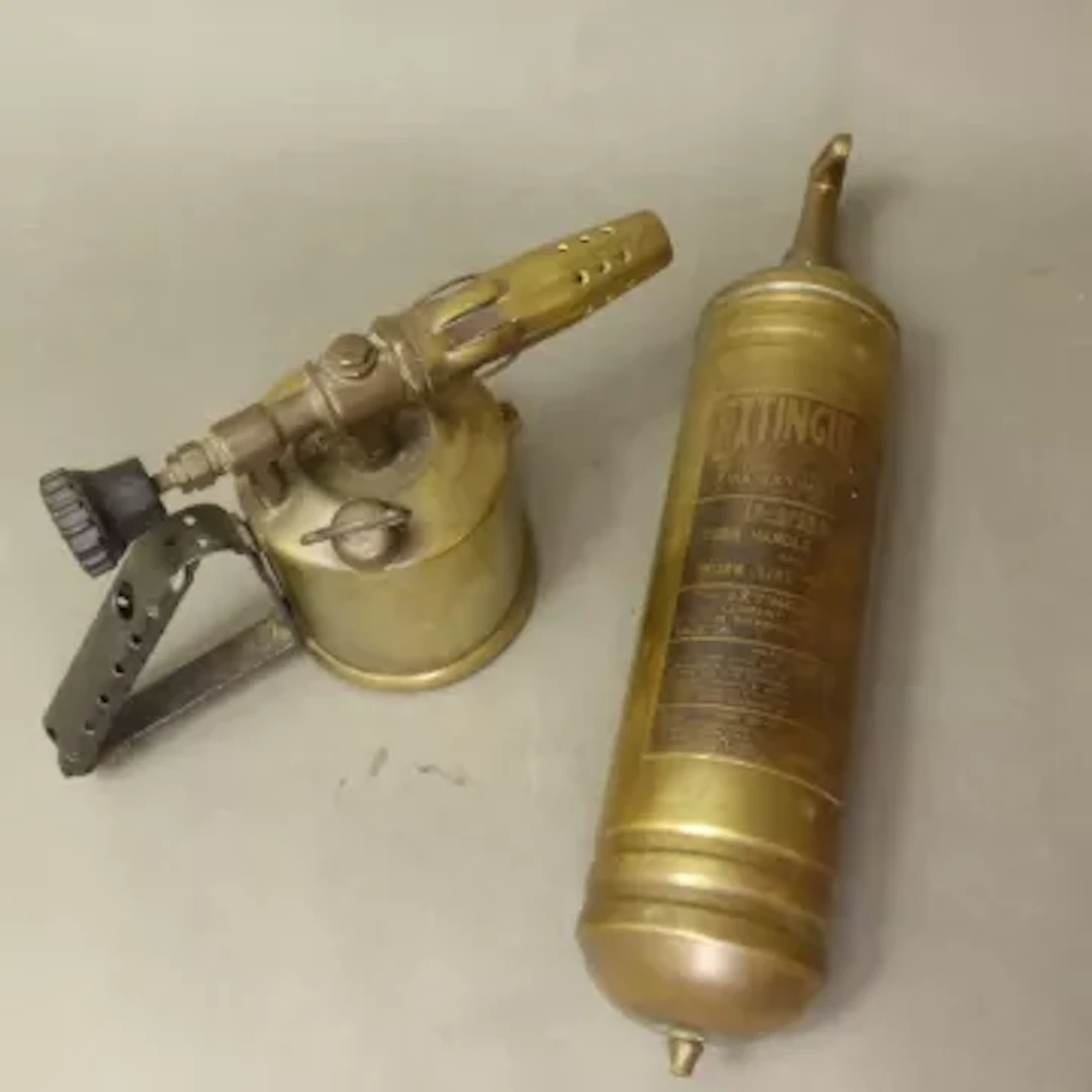 Vintage 'Extinguere' brass fire extinguisher, together with a brass