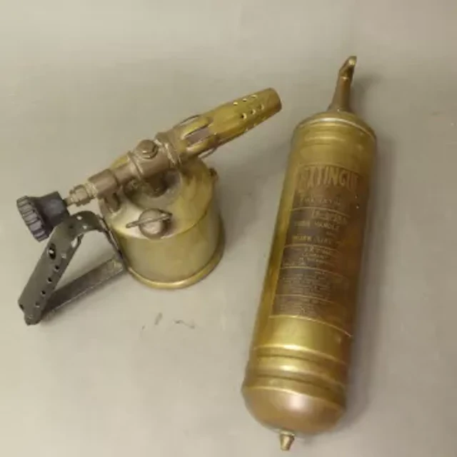 Vintage 'Extinguere' brass fire extinguisher, together with a brass