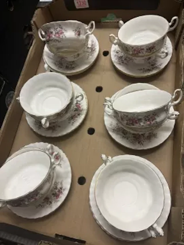 Royal Albert Lavender Rose pattern dinnerware, 12 twin handled soup