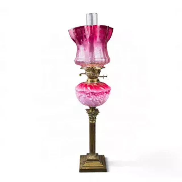 19th century brass oil lampstand, Corinthian column stand with pink