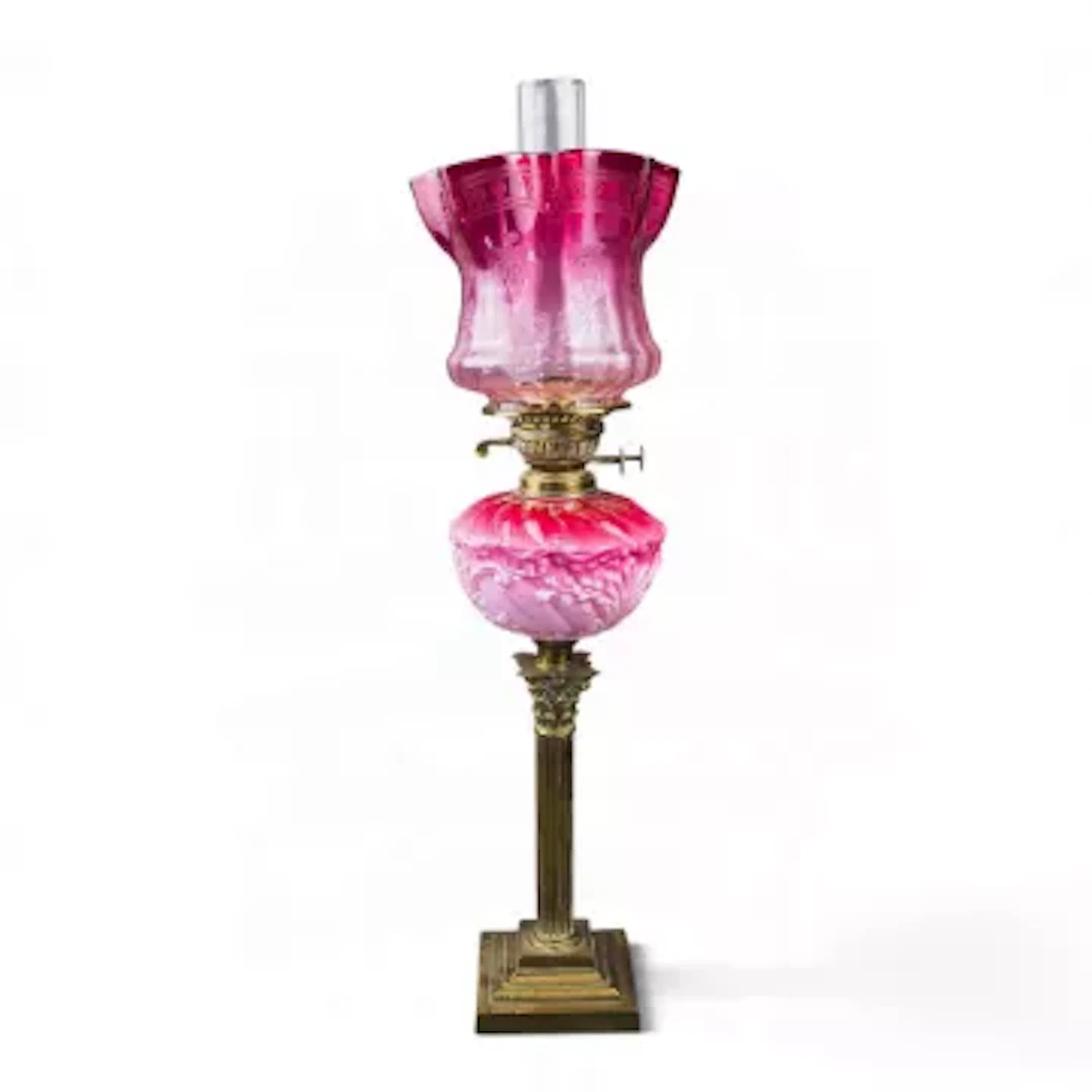 19th century brass oil lampstand, Corinthian column stand with pink