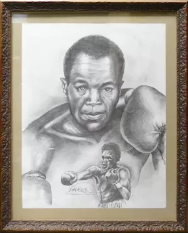 Darren Dean, Sugar Ray Leonard. Pencil on paper. Framed behind glass.