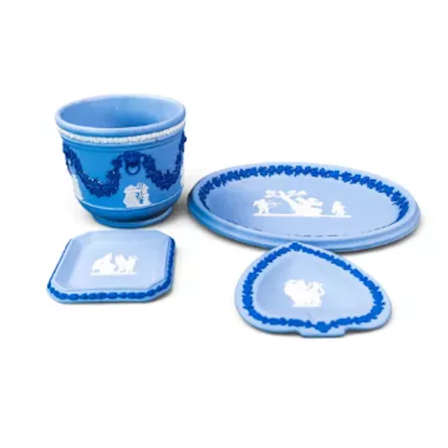 Wedgwood Tri-Coloured Jasperware, white/dark blue relief on pale blue
