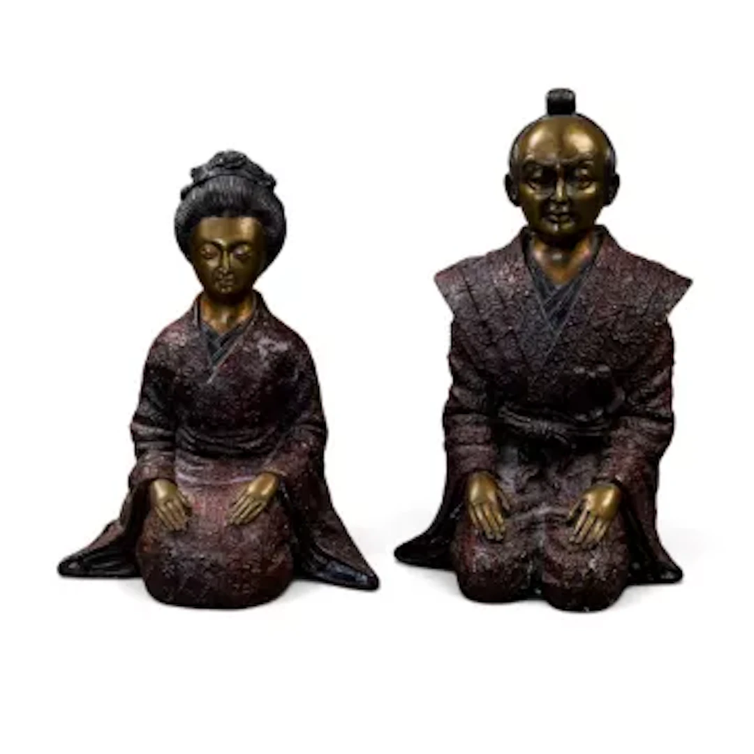 Two Japanese cast bronze figures, a Samurai & Geisha girl seated in