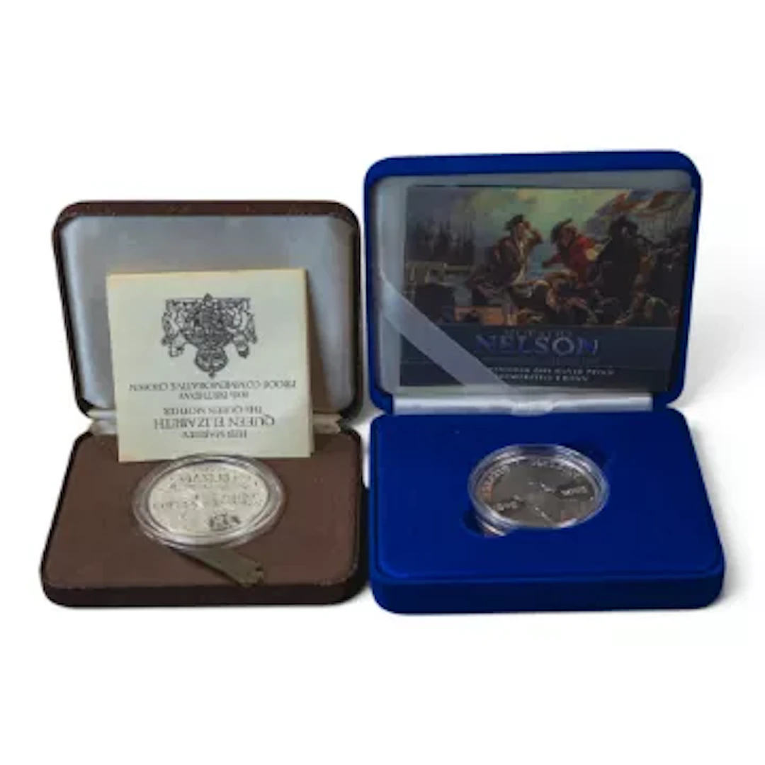 2 x silver proof coins, cased with COA's. Nelson 2015 & Queen Mother