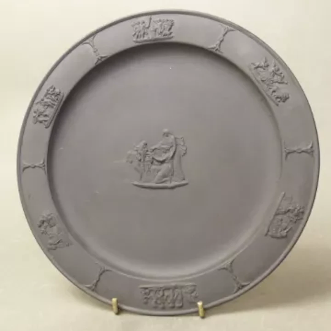 Wedgwood 19th century black basalt plate with repeating border decoration